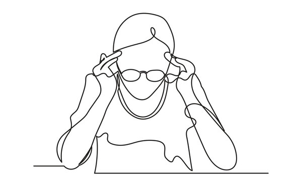 recommend clip art: Single line drawing of a girl thinking about solving problems. Continuous line drawings of a young woman depressed and thinking.vector illustration.
                    