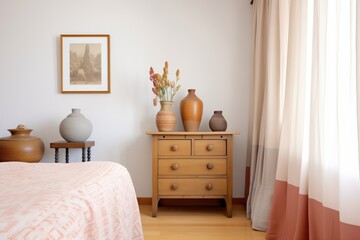 bedroom with terracotta vases and spanish linen curtains