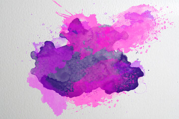 Watercolor brush stroke in blue, purple and magenta on textured paper. Background