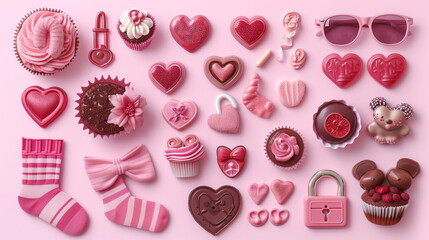 Valentines day desserts and decors set isolated on light pink background