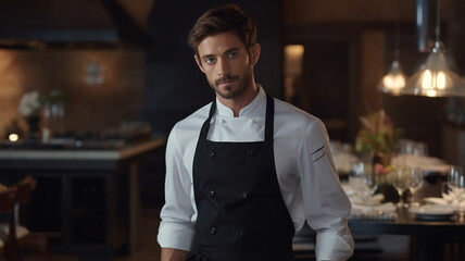 handsome chef look at camera on the blurred background of the restaurant