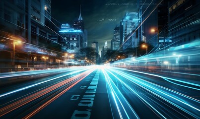 Fototapeta na wymiar Long exposure light at night in the city speeds internet connection, quick citizen information symmetries AI Image Generative