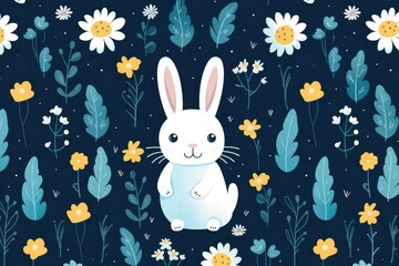 Enchanting Easter Bunny and Egg Pattern with Spring Florals on Dark - Generative AI