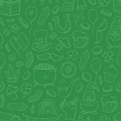 St Patrick's day green monochrome seamless pattern with doodles for wallpaper, textile prints, wrapping paper, packaging, scrapbooking, etc. EPS 10