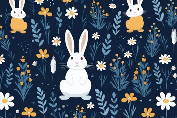 Enchanting Easter Bunny and Egg Pattern with Spring Florals on Dark - Generative AI