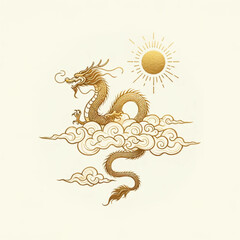 minimal watercolor illustrations of a mythical gold dragon on a cloud , designed in a traditional Chinese style
