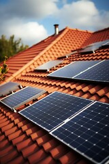 Closeup of roof covered with solar panels on white background Generative Ai