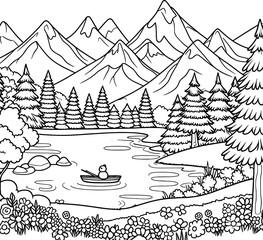 Fototapeta premium Tranquil Mountains: Coloring Page of Nature's Landscape for Creative Kids