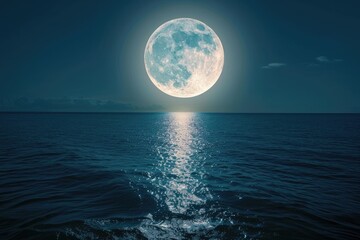 Naklejka na ściany i meble Luminous full moon over calm ocean, isolated on a night sky background