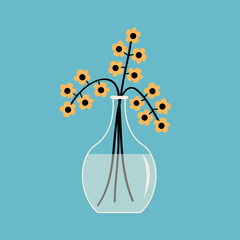 Daisy, chamomile, camomile, yellow little flower. Glass vase with water. Flowers in vase. Ceramic Pottery Glass decoration. Cute icon collection. Blue background. Flat design.