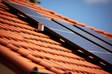 Closeup of roof covered with solar panels on white background Generative A
