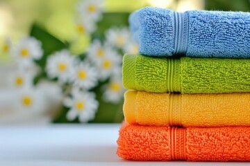 Obraz na płótnie Canvas A stack of fresh, colorful towels, isolated on a spa-like background