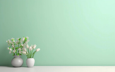 Light green wall mock up with copy space decorated in Easter style with white spring flowers in vases