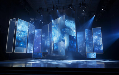 Led panels stage with blue holographic displays, sleek metallic structures define the modern aesthetic