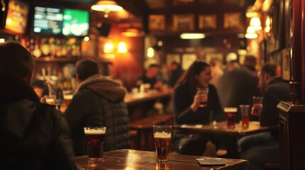 Traditional Irish Pub Interior: Lively Atmosphere with Patrons and Stout Glasses - obrazy, fototapety, plakaty