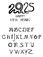 Happy chinese new year 2025 the snake zodiac sign. 2025 Chinese Year of the Snake. Alphabet. Capital letters made from  snakes. Handwritten font. Design celebrate party invitation template.