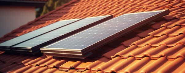 Closeup of roof covered with solar panels on white background Generative A