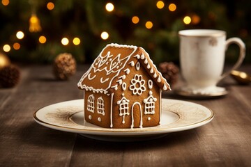 Gingerbread house alone on table. Generative AI