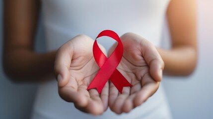 エイズ予防を訴えるレッドリボンを持った女性
 - obrazy, fototapety, plakaty