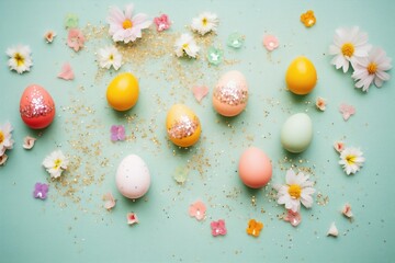 Fototapeta na wymiar variety of eggs with glitter decorations on felt