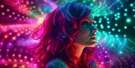 a woman with red hair and a colorful background with stars and lights in the background is looking up at something, generative ai
