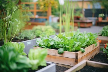 raised beds with various leafy vegetables