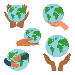 Set of human hands holding planet Earth. Ecology concept.	Environment concept.
