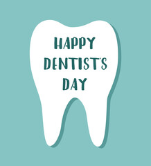 International dentists day background. White tooth on blue.