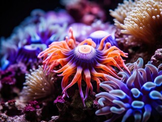 Naklejka na ściany i meble An orange and purple sea anemone in a tank. Generative AI.