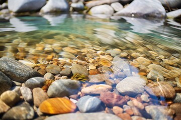 crystal clear alpine stream with smooth pebbles visible