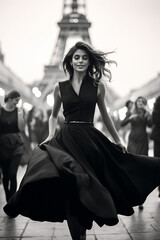 woman in black dress with Eiffel Tower black and white