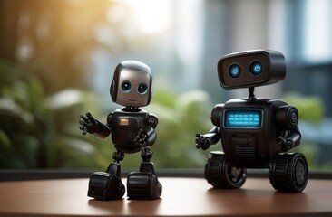 Black cute robot raising hand to greet human from Generative AI