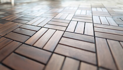 Wooden brown tiles lying on floor closeup. Sale of parquets and laminates concept