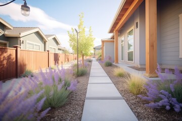 lavender lined pathway to a homes entryway