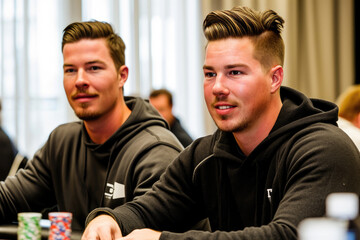 Two identical twin men concentrating during a poker game, surrounded by chips and cards at a casino table.
