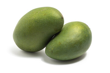 Two fresh organic green mango delicious fruit side view isolated on white background clipping path