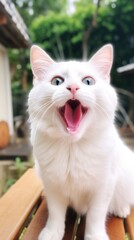Obraz premium A cute white cat with its mouth open on a wooden table. Generative AI.