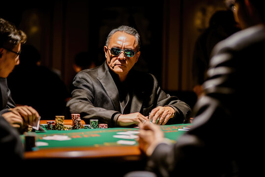 Serious poker player with sunglasses at a casino table concentrating on the game, surrounded by chips and cards.