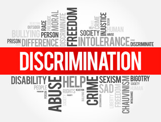 Discrimination word cloud collage, social concept background - obrazy, fototapety, plakaty