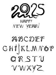 Happy chinese new year 2025 the snake zodiac sign. 2025 Chinese Year of the Snake. Alphabet. Capital letters made from  snakes. Handwritten font. Design celebrate party invitation template.