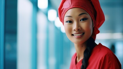 Asian female nurse in red uniform. Generative AI.