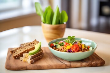 avocado salad with a side of whole-grain bread on a board