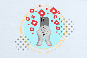 Collage creative poster monochrome effect hand hold smartphone social media network app popular...