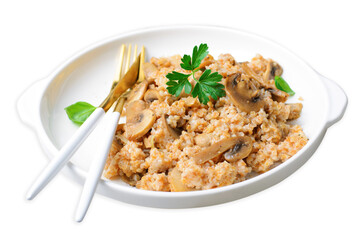 Spelt with Mushrooms on a Plate, Tasty Homemade Vegetarian Dish on White Background