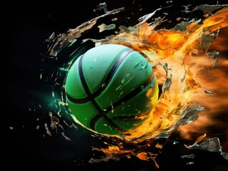 A dynamic basketball ball ignites with fire and explodes against a black backdrop, creating a thrilling spectacle. Generative AI.