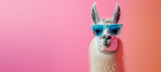 Cute lama alpaca wearing winter knitted hat and transparent goggles, isolated on the pink background with copy space. A llama sporting some cool shades and set against a solid pastel backdrop - obrazy, fototapety, plakaty