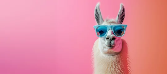 Foto op Aluminium Cute lama alpaca wearing winter knitted hat and transparent goggles, isolated on the pink background with copy space. A llama sporting some cool shades and set against a solid pastel backdrop © Nataliia_Trushchenko