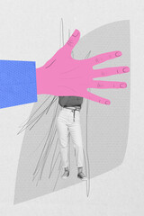 Vertical collage creative poster monochrome effect woman stand large human hand hide head half body...