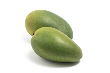 Two fresh organic green mango delicious fruit side view isolated on white background clipping path