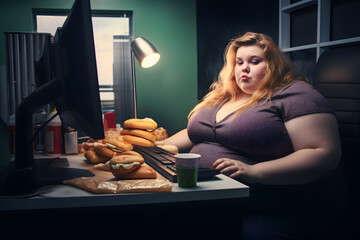 Very fat obese office worker woman surrounded by donuts on her desk eats sweets while working in the office.